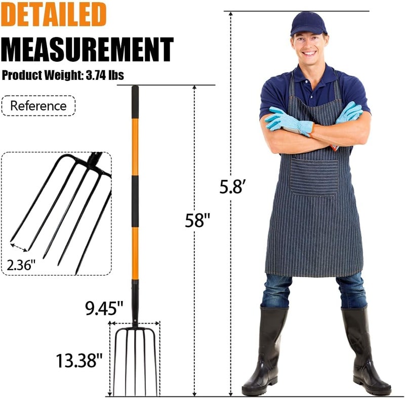 FORCOLID Pitch Fork-58 Inch，5-Tine Steel Garden Fork Heavy Duty, Mulch with Cushion Grip, Orange Fiberglass Handle - Image 3
